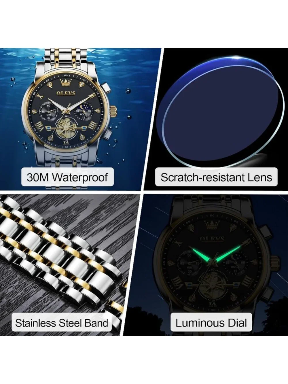 Men's Black/ Two Tone Stainless Steel Chronograph Waterproof Quartz Dress Watch
